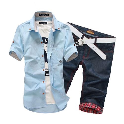男短袖衬衫男短裤 淡蓝色 (衣服xl)(裤子32-33) 【玉纬】 服饰箱包